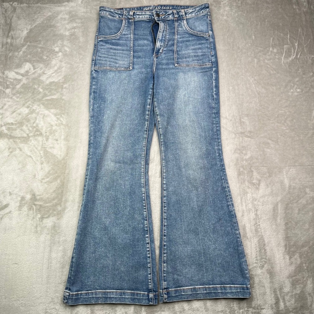 American Eagle Super Hi-Rise Flare Jeans Womens 14 Blue Stretch Front Pockets